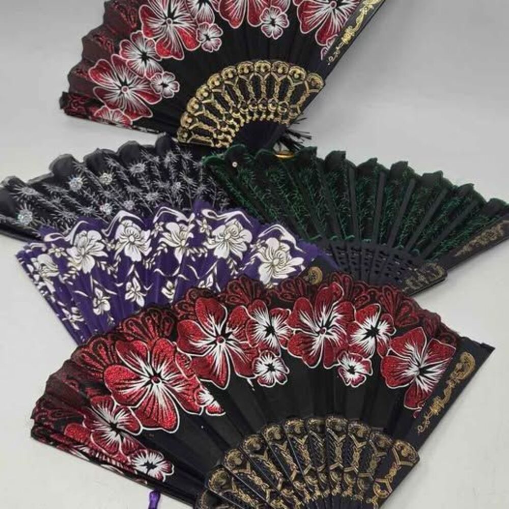 5 Fabric Embroidered Folding Handheld Fan Sequins Party Bridals Wedding